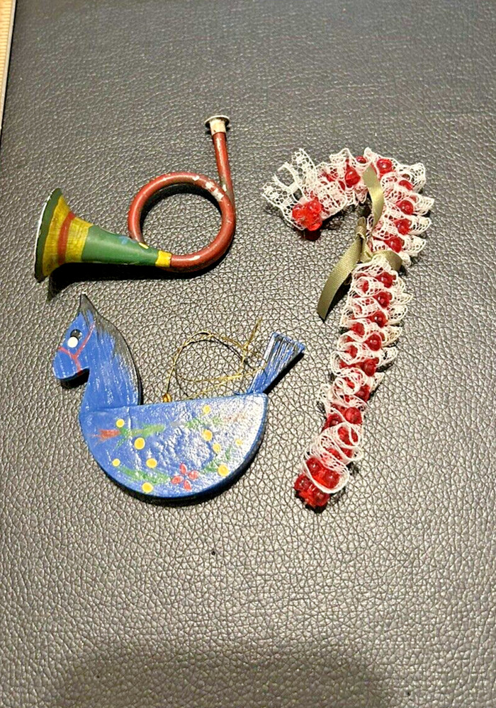 Set of 3 Vintage Christmas Ornaments, Rocking Horse French Horn candy Cane