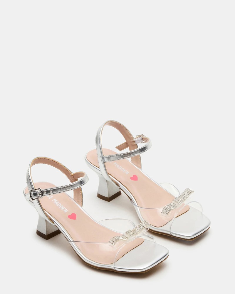 Steve Madden Silver Rhinestone Clear Strap Block Heel Sandals Girls Size 13