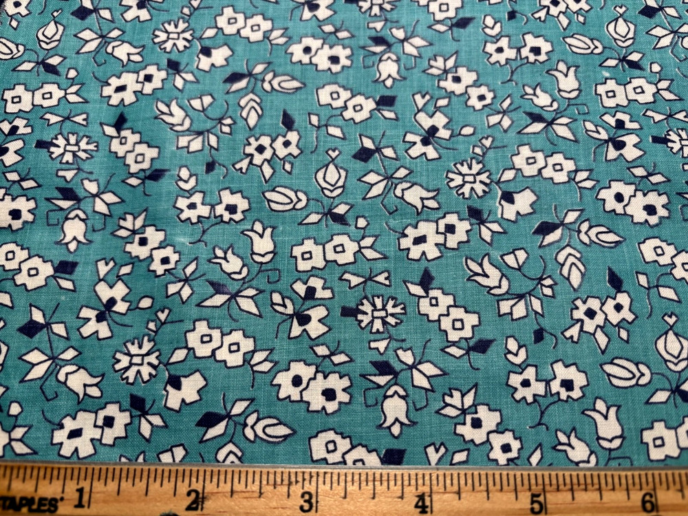 Antique Vintage Cotton Fabric 1930s 40s SWEET DK Blue Turquoise Floral 30
