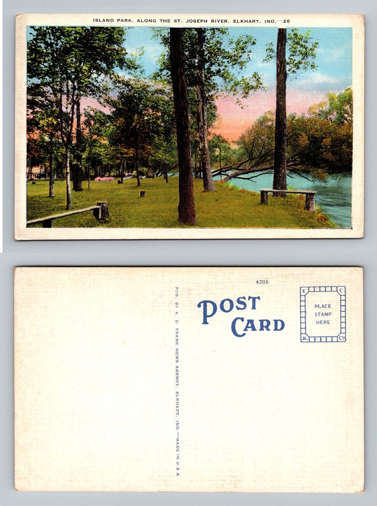 Elkhart, IN-Indiana, Island Park Along The St. Joseph River Vintage Postcard