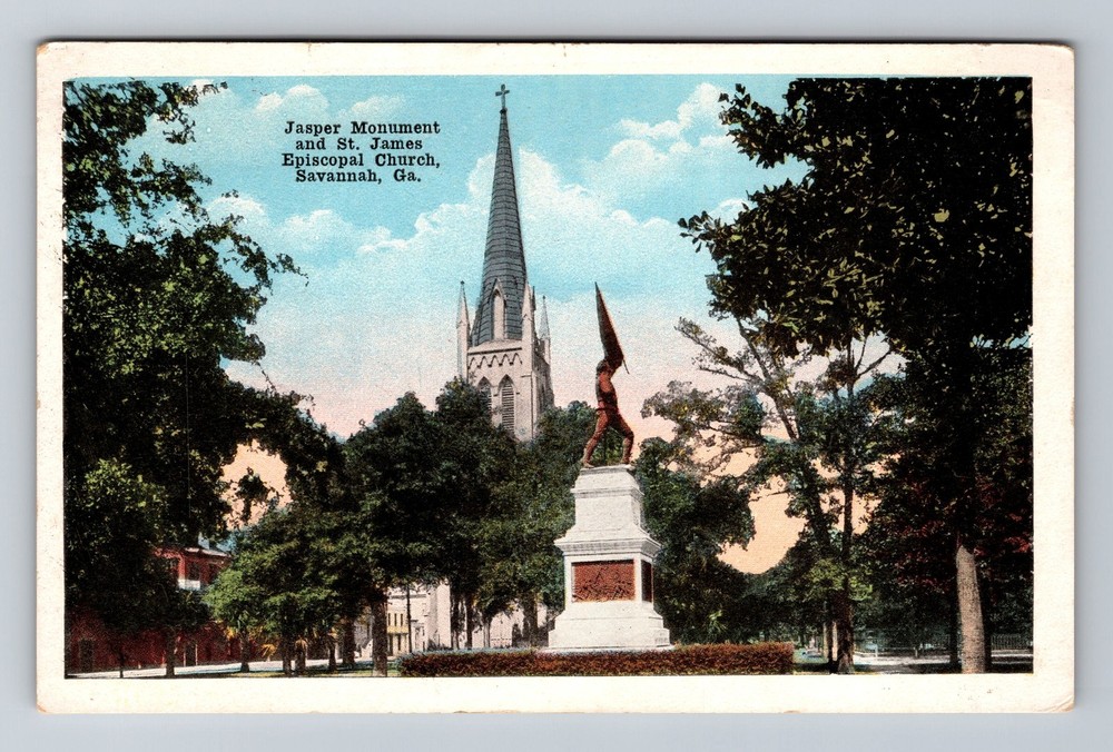 Savannah GA-Georgia Jasper Monument St James Episcopal Church Vintage Postcard