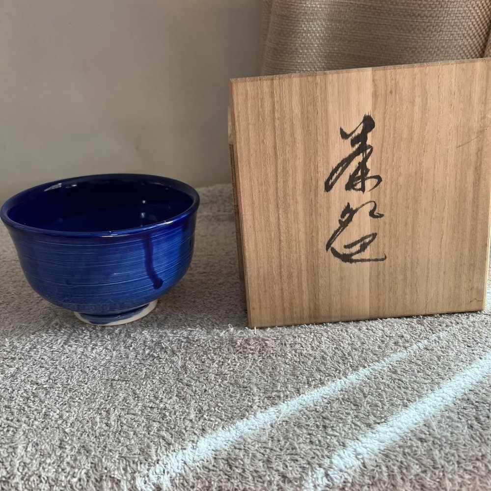 Shinshoji Ware Matcha Bowl Deep Blue Ceramic Tea Cup 11cm Diameter