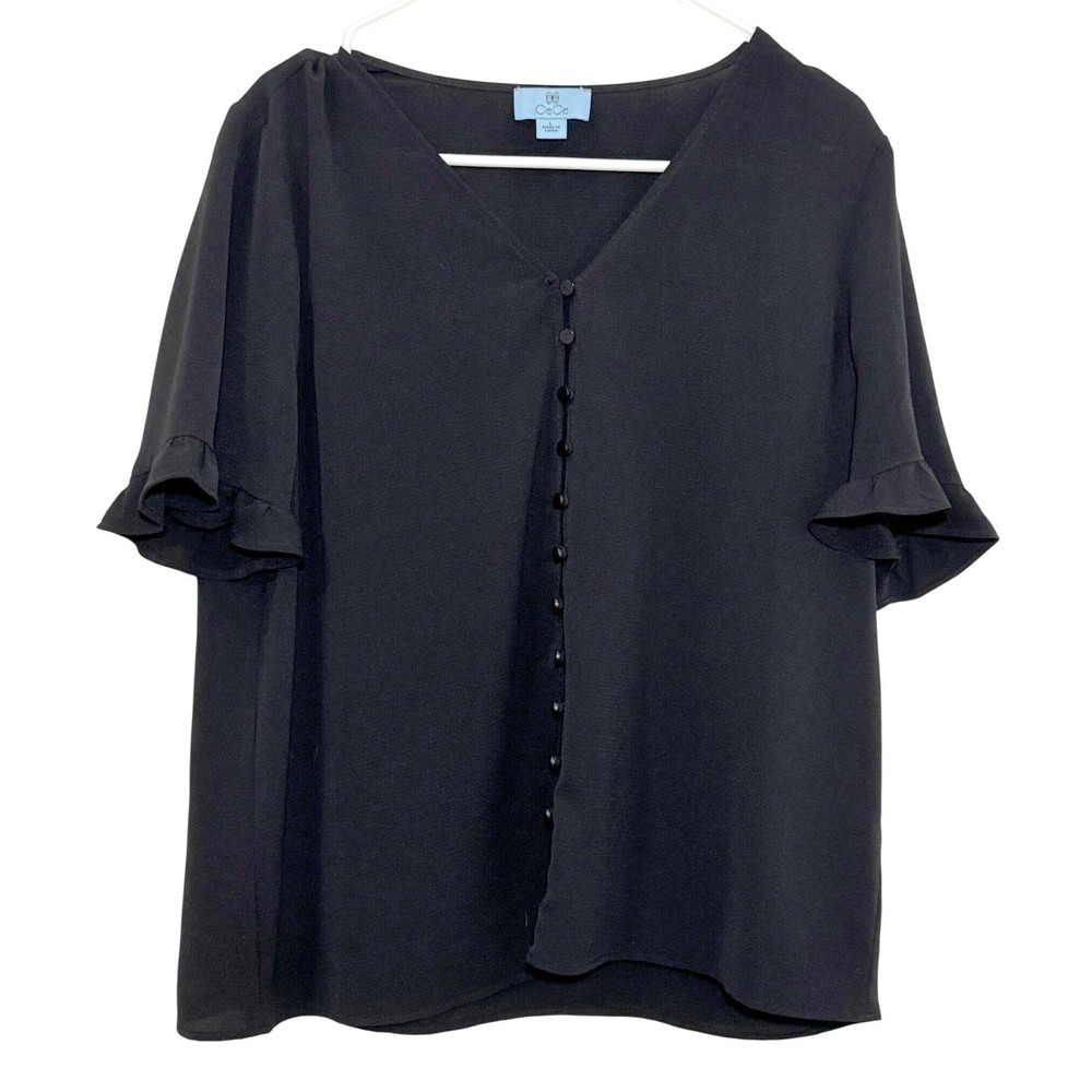 CeCe Womens Large Black Ruffle Cuff V-Neck Button Front Short Sleeve Blouse Top