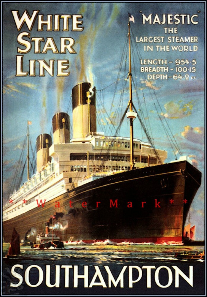 1925 White Star Line Majestic Vintage Southampton Retro Travel Poster Print Art  