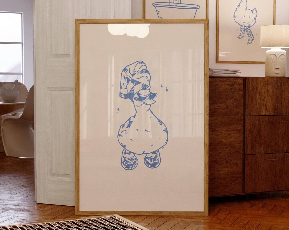 Cool Duck In Slippers Art Print Blue Retro Print Vintage Art Bathroom Wall Art