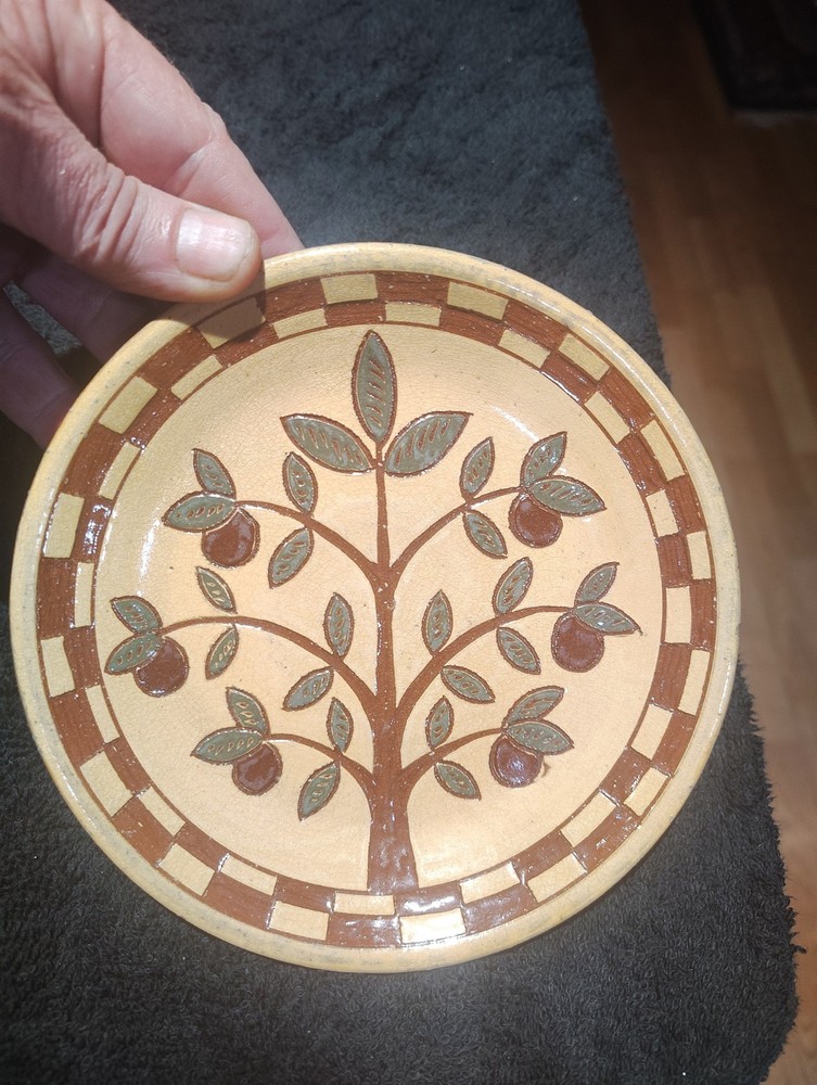 Rare Wisconsin Pottery Redware Fig Tree Plate Message Signed & Marked 6