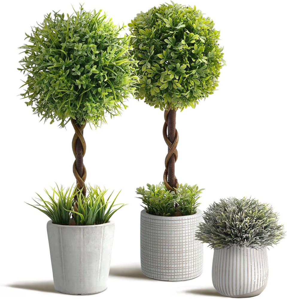 3 Pack 14.5 Inch Small Artificial Boxwood Topiary Trees in Pots