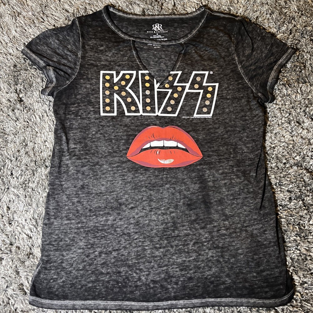 Rock Republic Kiss Band Lips Womens M Black Gray Tee EUC