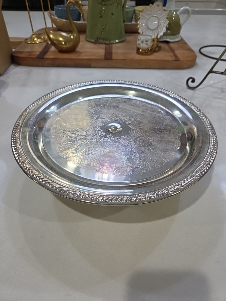 Vintage Silver plated Round Cake Pedestal Stand Engraved Decorative Edge
