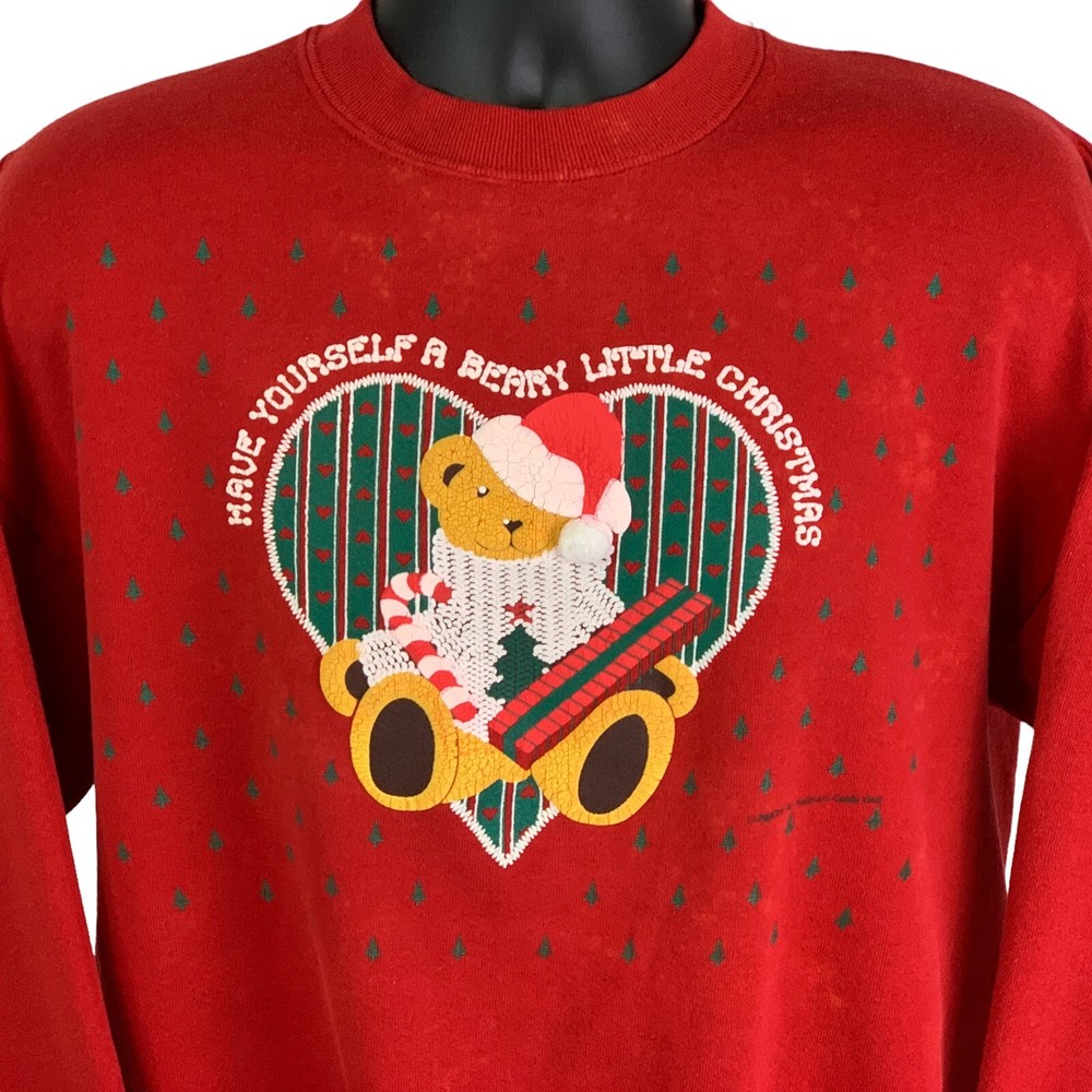 Vintage Cute Ugly Christmas Sweater Sweatshirt Bear USA Made Red Womens L Large