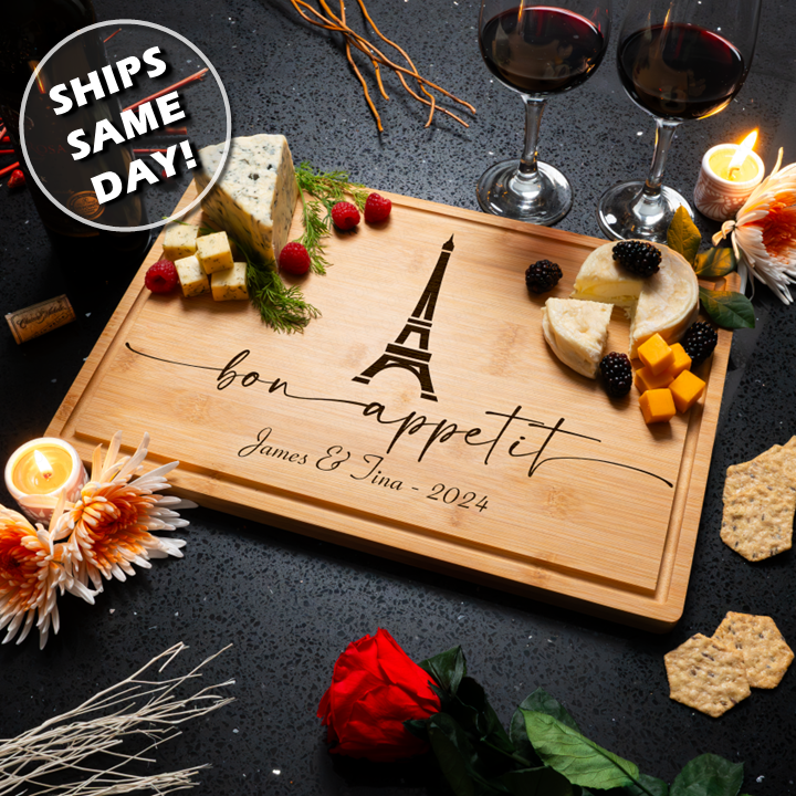 Custom Personalized Engraved Bamboo Cutting Charcuterie Board Paris Eiffel Tower