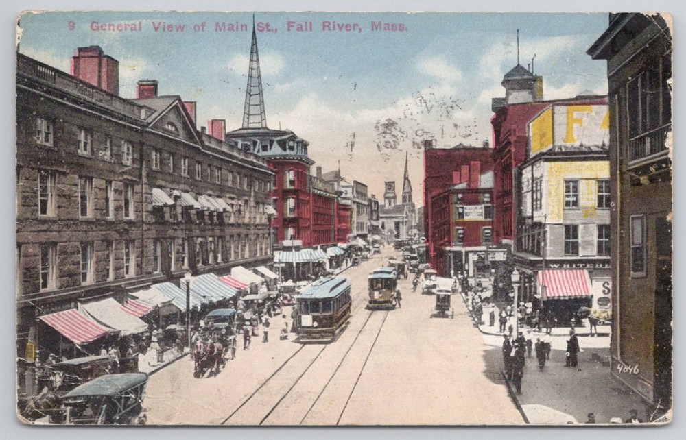1916 Fall River MA Main Street Trolleys Horse & Buggy Postcard Danziger Berman