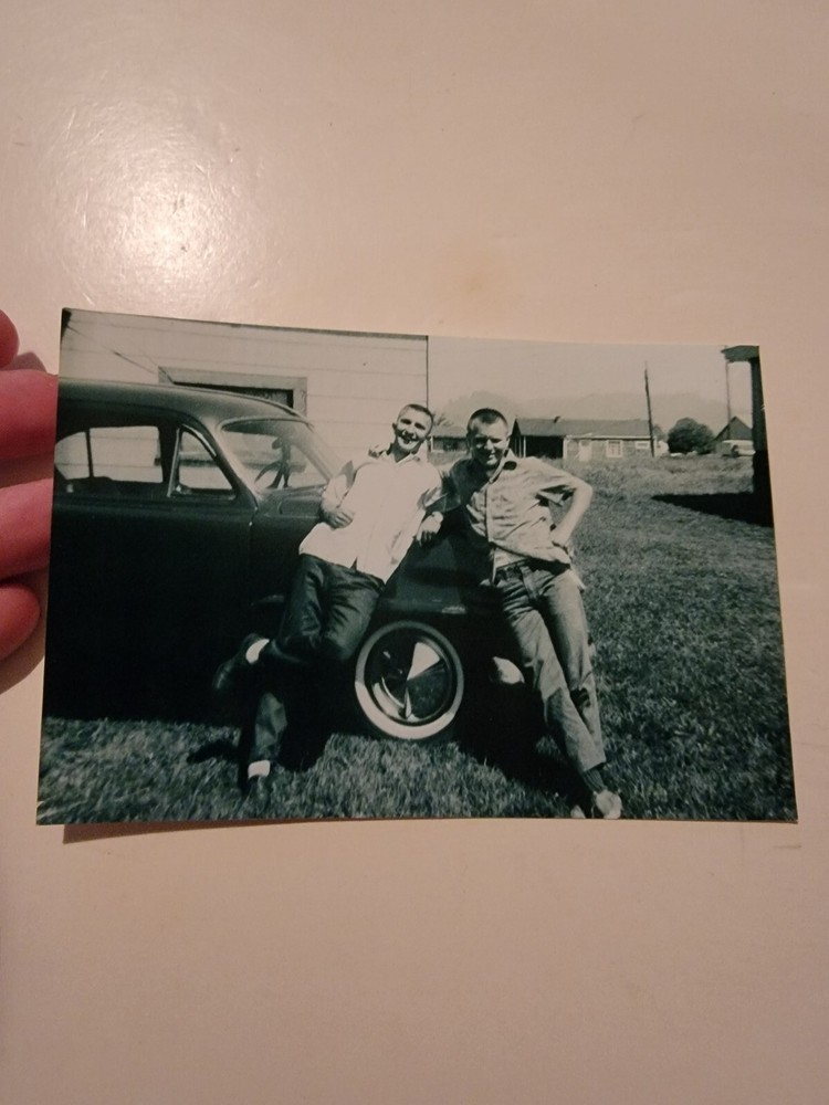 Vintage Black And White Photo 1940s 2 Men With A Classic Car