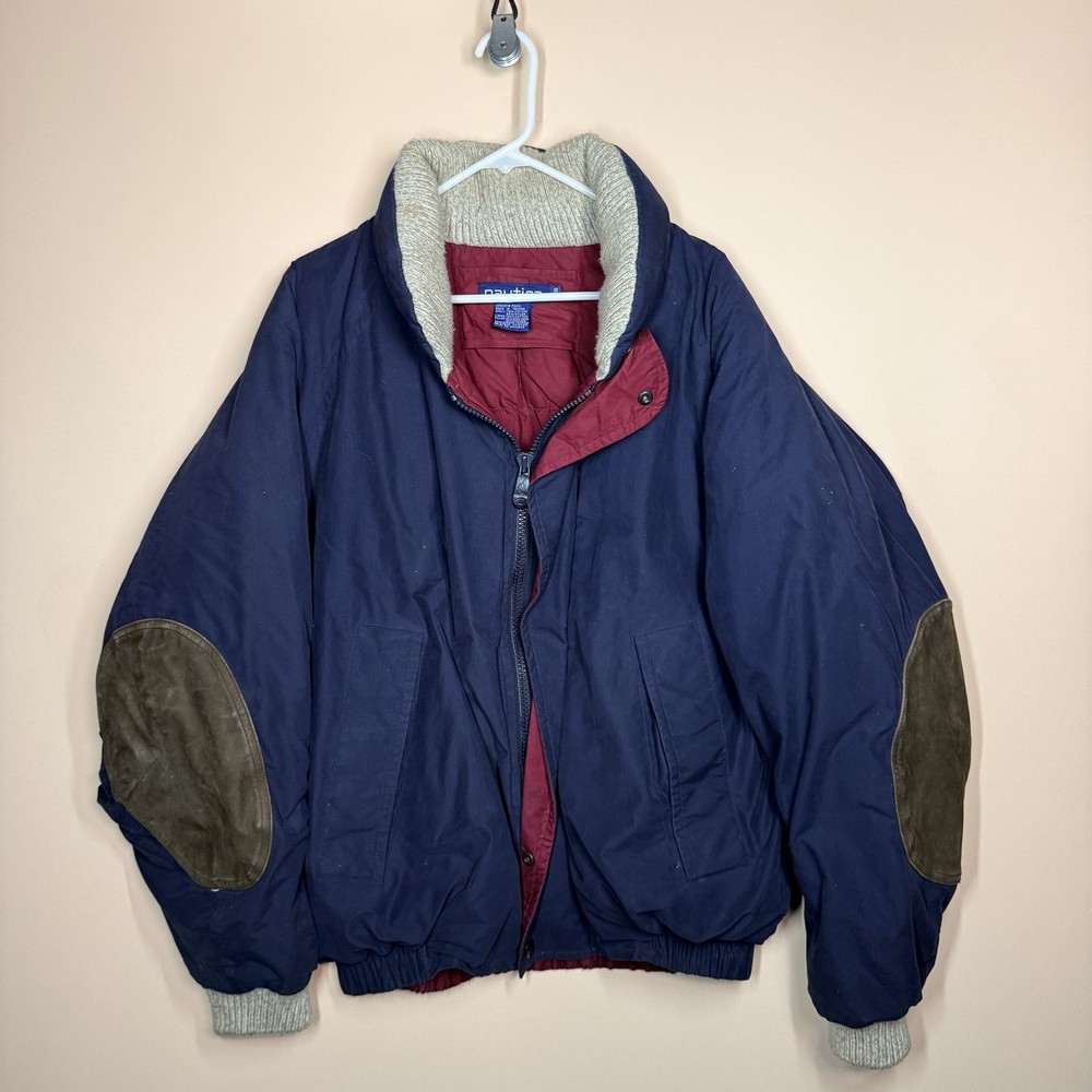 Vintage Nautica Goose Down Puffer Jacket Full Zip Elbow Patches Blue Mens XL VTG