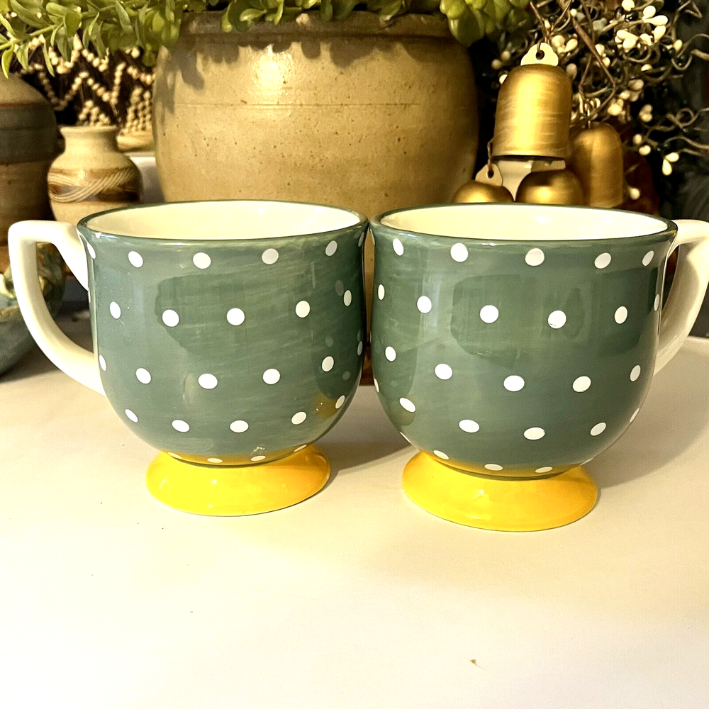 2 Pioneer Woman Coffee Mugs 15oz Cup Green White Polka Dots  Dinnerware Tea