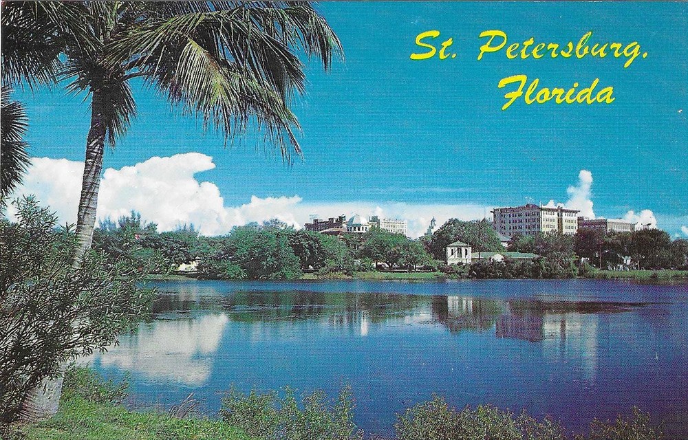 Vintage Florida Chrome Postcard St Petersburg Yellow Letters Mirror Lake