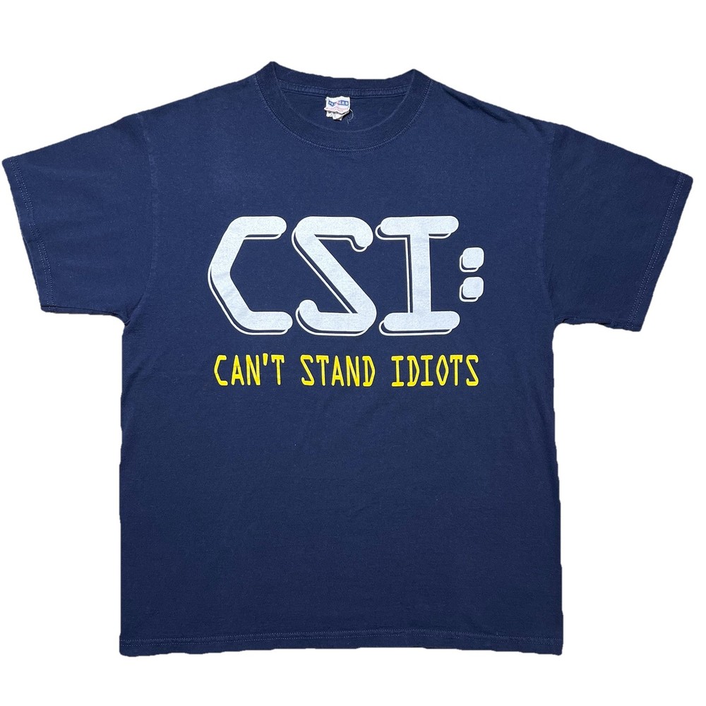 Vintage CSI Cant Stand Idiots Funny Graphic T Shirt Navy Blue Mens Large Y2K Tee