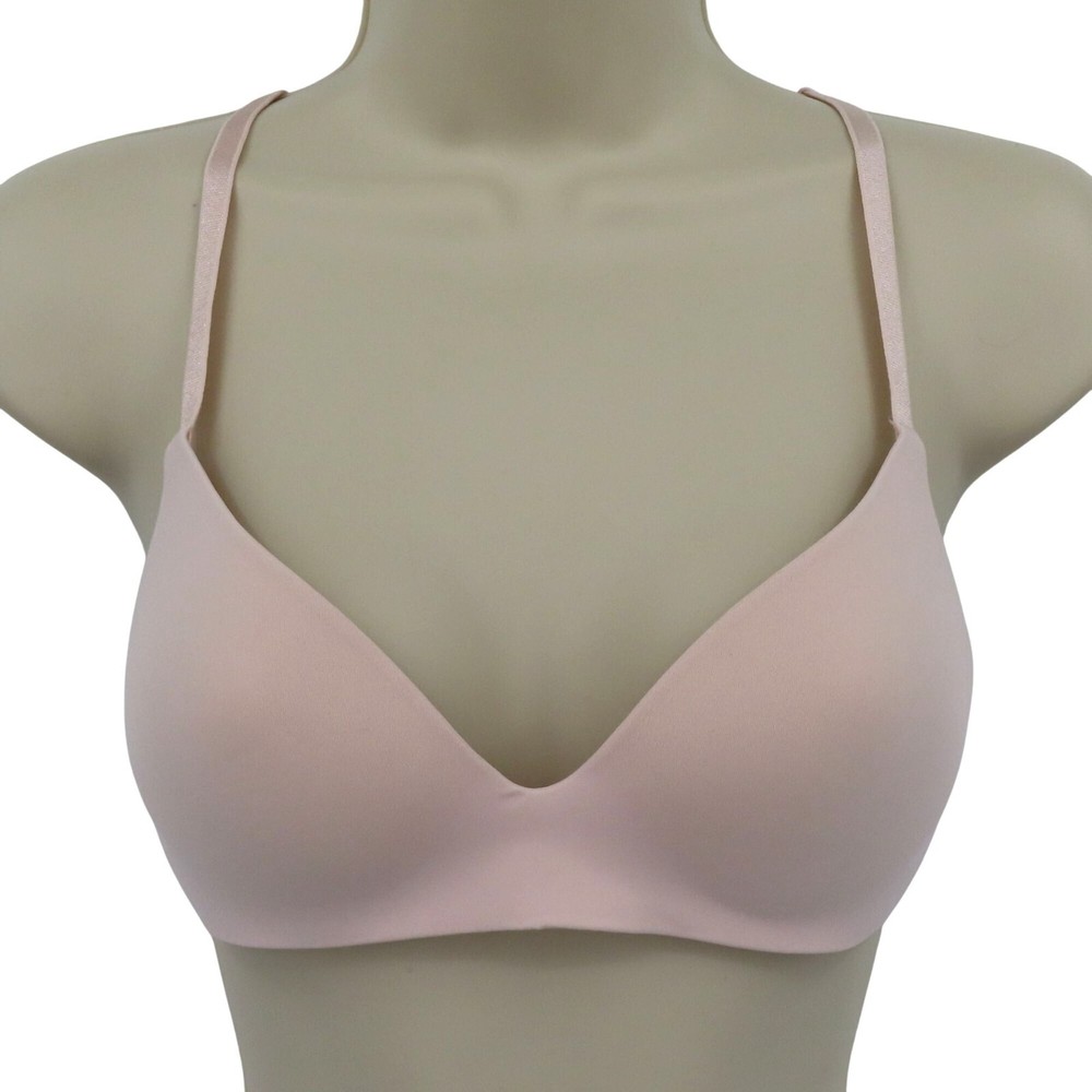 Victorias Secret 32B Bra No Wire Wireless Solid Pink Lined Lace Accent Back