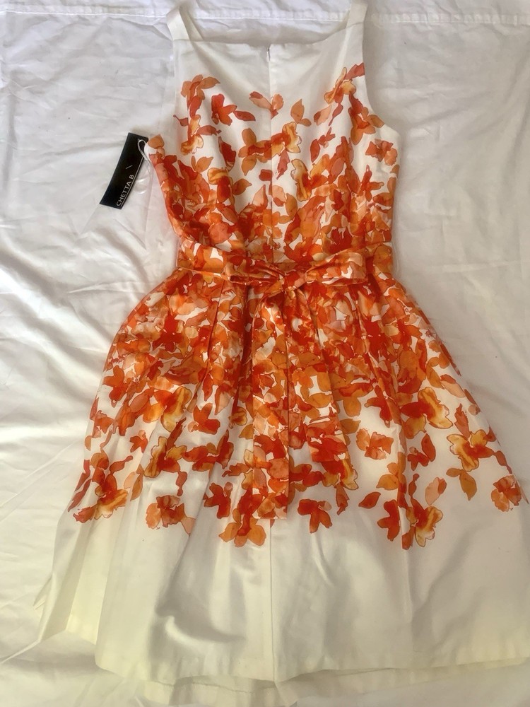 Chetta B Women's Belted Orange Floral Fit&Flare Dress Sleeveless Back Zip sz 14