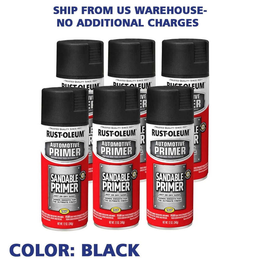 Rust-Oleum 249418-6PK Automotive Sandable Primer Spray, 12 oz, Black, 6 Pack