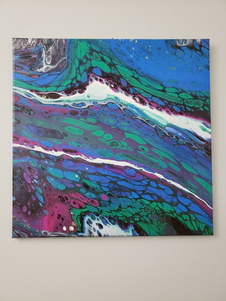 Abstract Art in Acrylics on Signed Stretched Canvas 20×20 Purples Blues & Greens-image