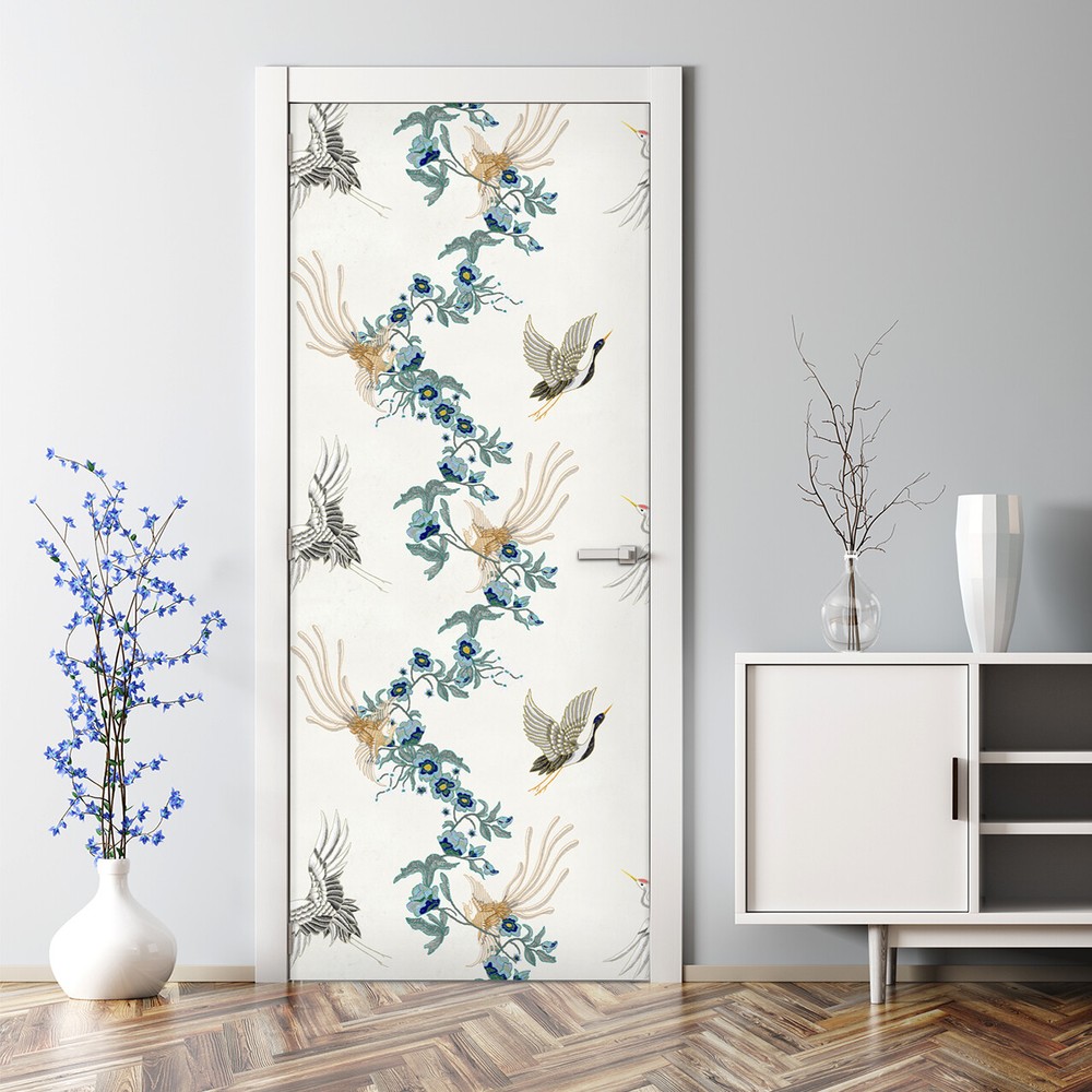 Chinoiserie Embroidery Bird Floral Watercolor Bubble-Free Door Sticker Decal  