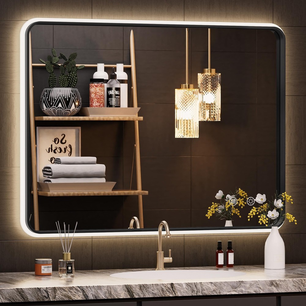 40x30 Inch LED Vanity Mirror with Black Frame and Rounded Corners
