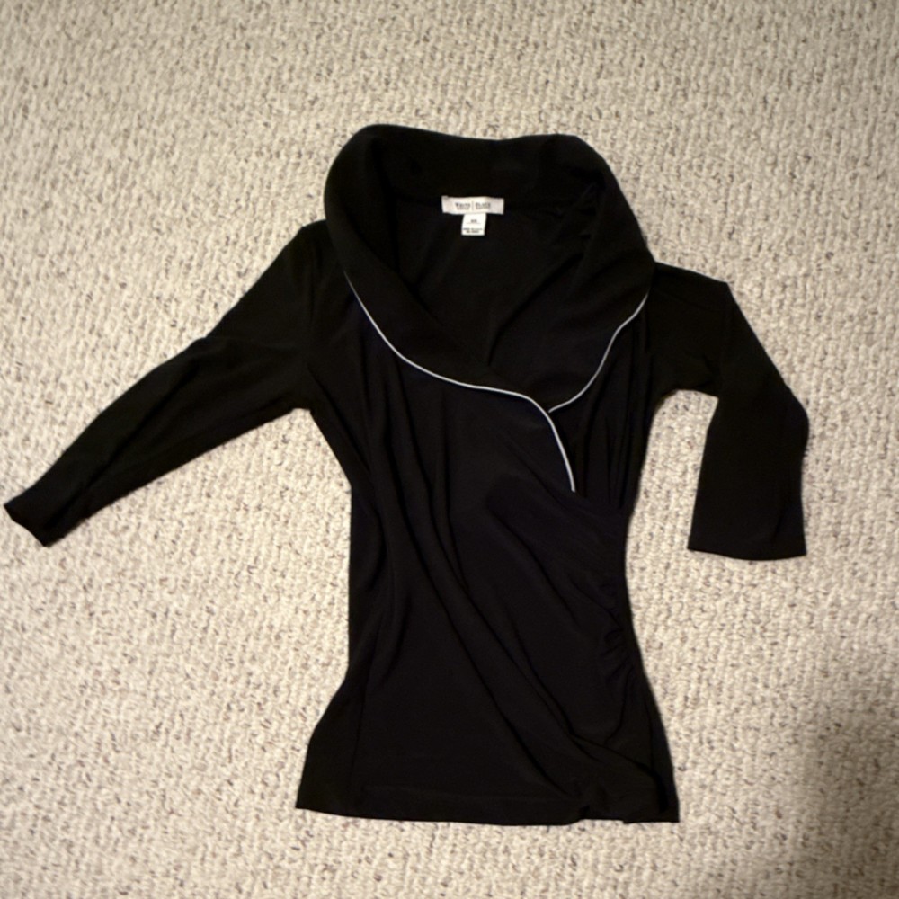 White House Black Market Solid Black Cowl Neck Pullover 3/4 Sleeve Top XS
