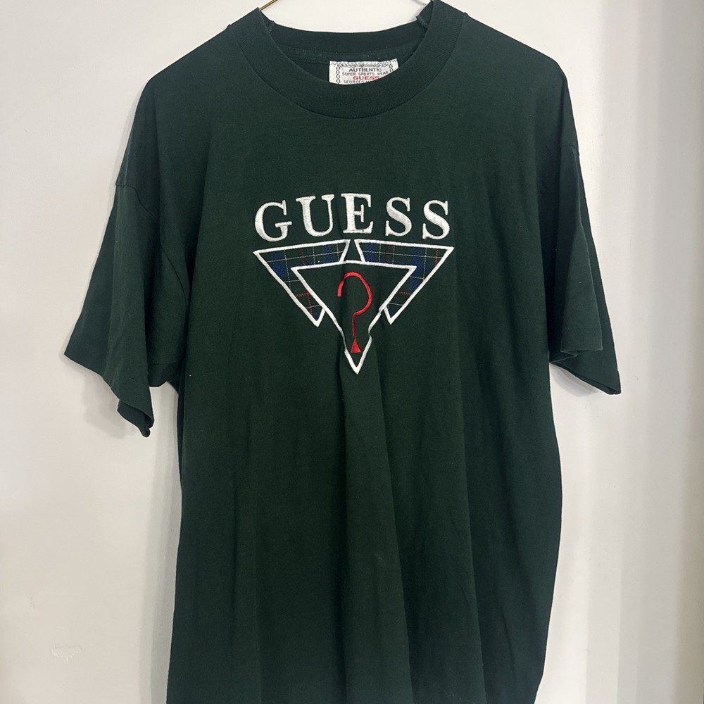 Vintage  Guess USA Washed Jeans Triangle Logo T-Shirt Green Large single stitch