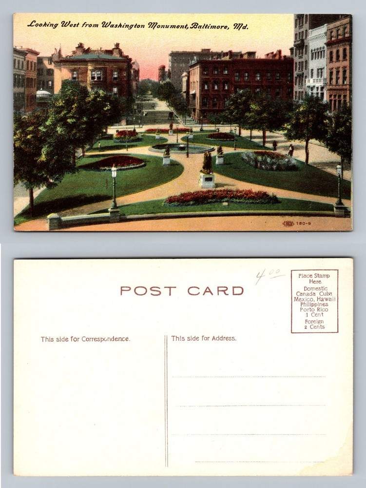 Baltimore, MD-Maryland, Washington Monument West View Card Vintage Postcard