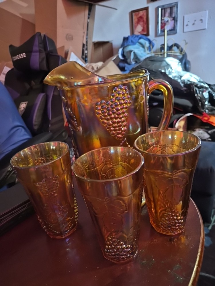 Vintage Indiana Glass Harvest Grape 4 Piece Pitcher And 3 Tumblers In...