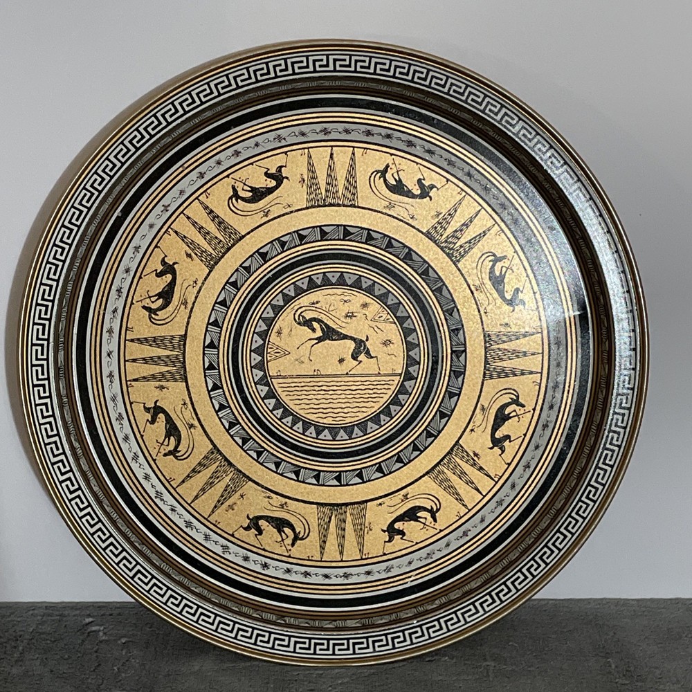 Vintage GRECIAN ETRUSCAN KEY Gazelle Copper ROUND TIN METAL Serving TRAY GREEK