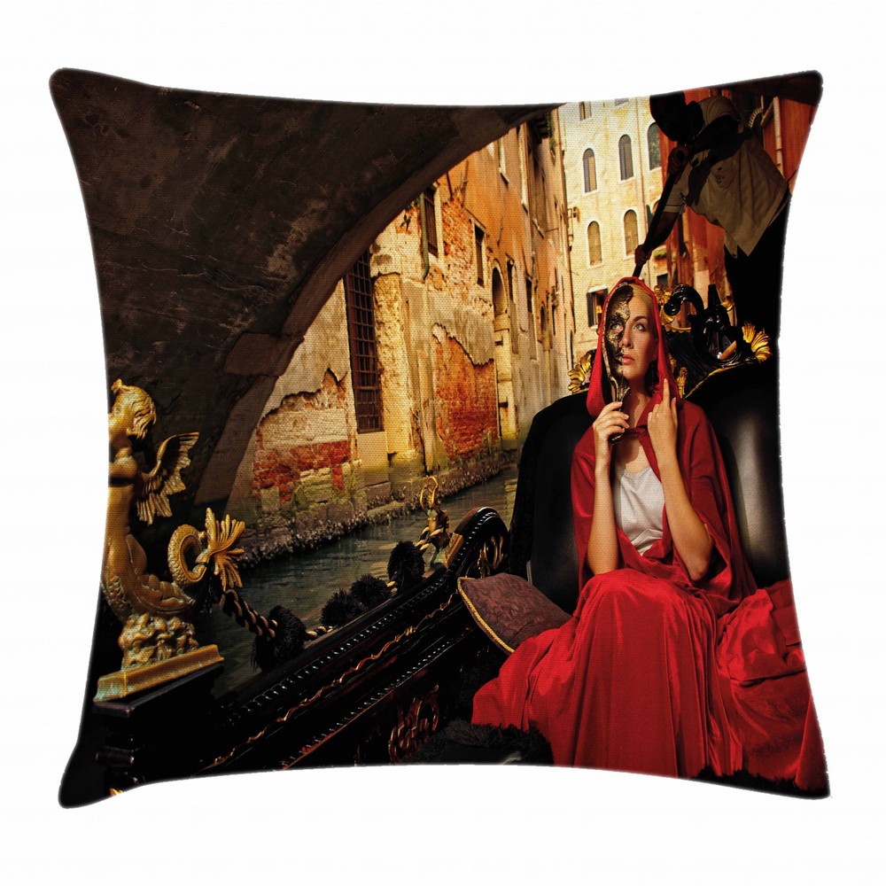 Venice Throw Pillow Case Woman in Red Cloak Mask Square Cushion Cover 18 Inches
