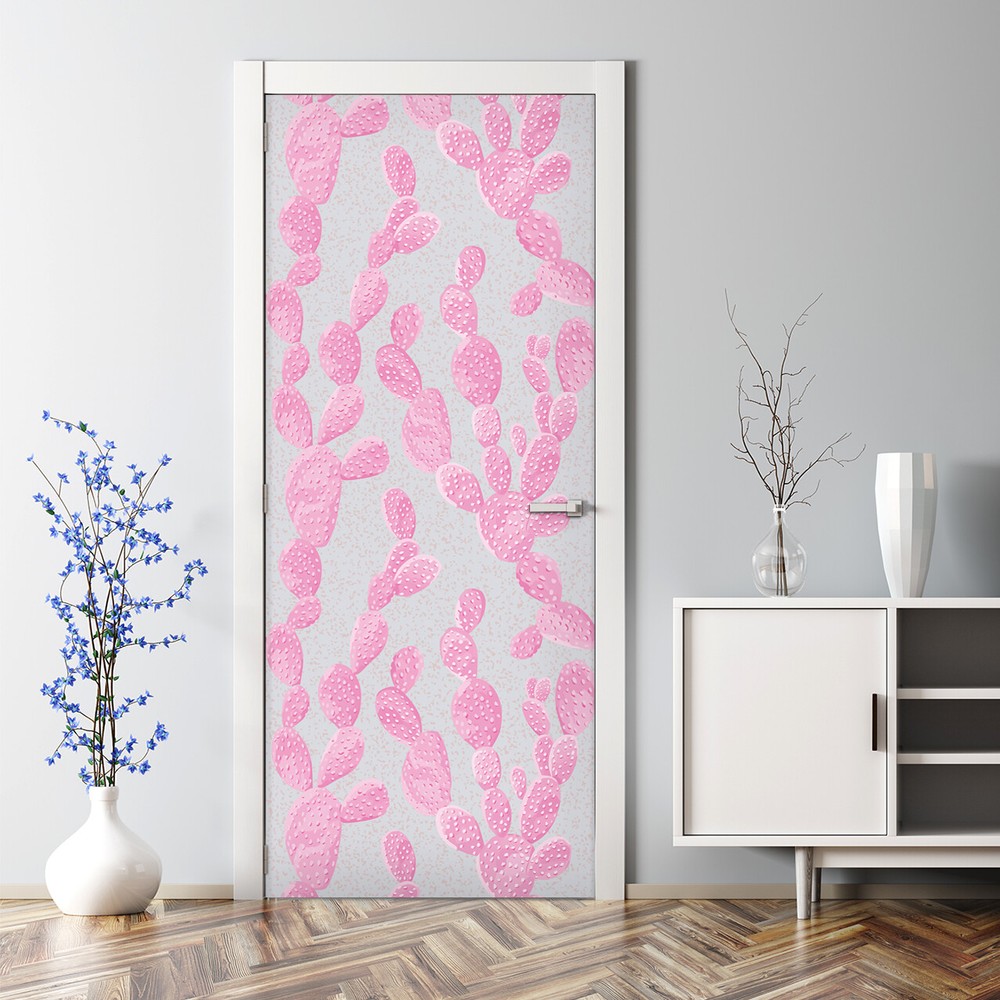 Bubble Free Door sticker Detailed pink cactus Floral Pale Watercolour