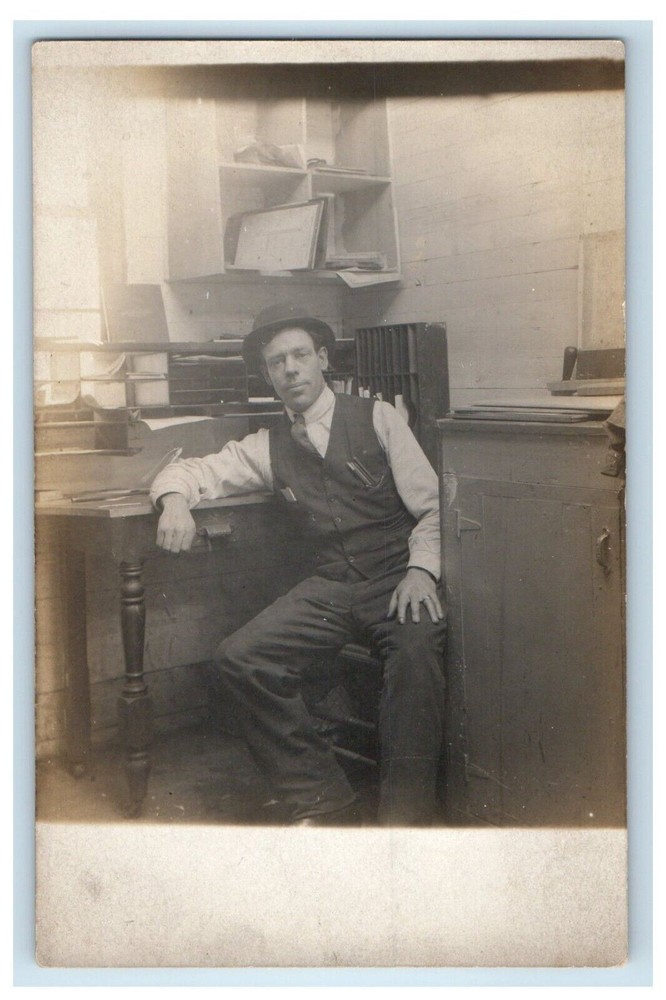 c1910 Interior Office Furniture Factory Company Employee RPPC Photo Postcard