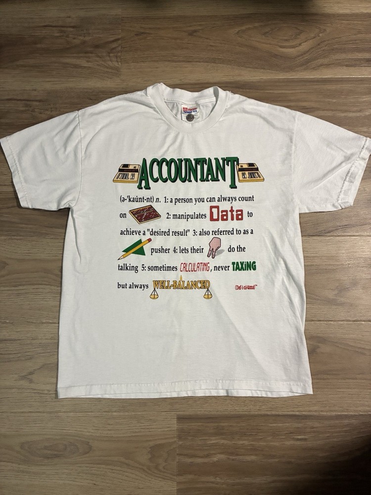 Vintage 90s Accountant Definition Cartoon Comedy Graphic Shirt White Mens Size M