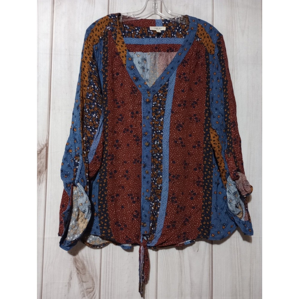 Boho Patchwork Floral Blu Blouse with Tie Sleeves for Women 2X