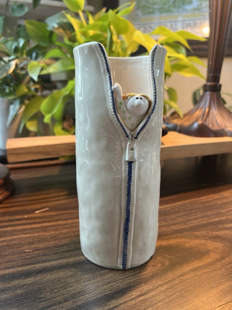 Fitz and Floyd Handmade Ceramic Vase with Zipper Design and Figurine