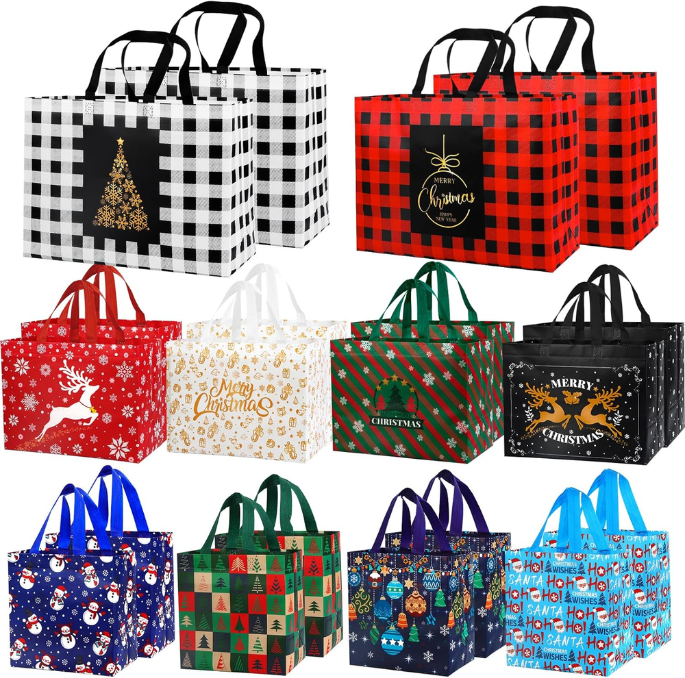 20Pc Christmas Gift Tote Bags 10 Styles Xmas Treat Non Woven Bags Reusable Large