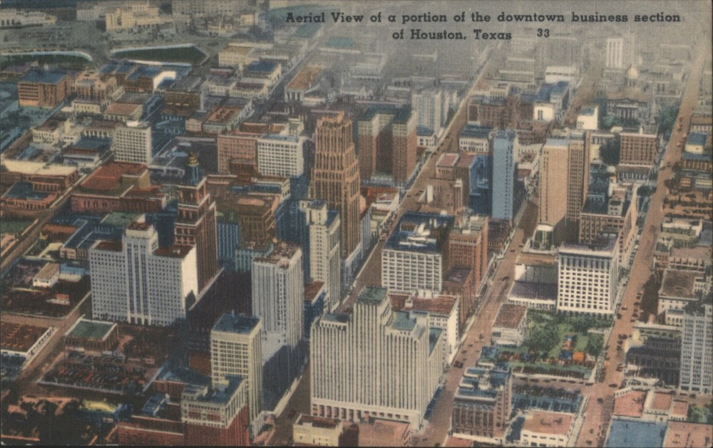 Houston, Texas TX Aerial View Downtown Business Section Houston Vintage Postcard