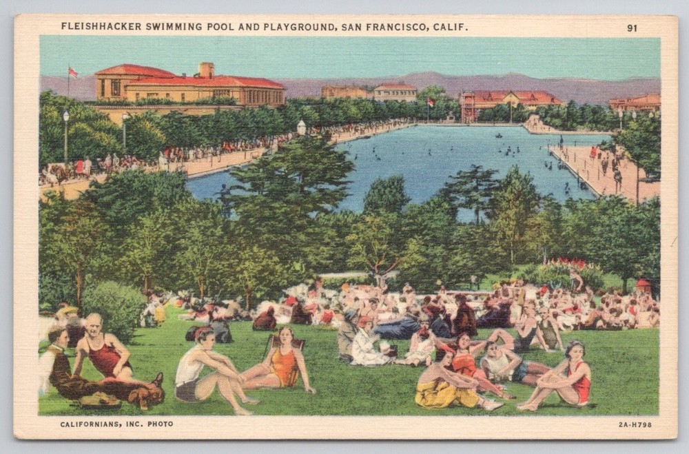Fleishhacker Swimming Pool San Francisco CA Linen Postcard 1930s-40s