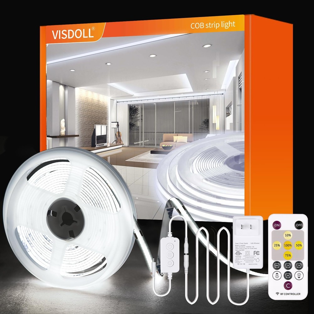 VISDOLL COB LED Strip Light 16.4ft/5m Cool White 6500K with Controller & 24V ...
