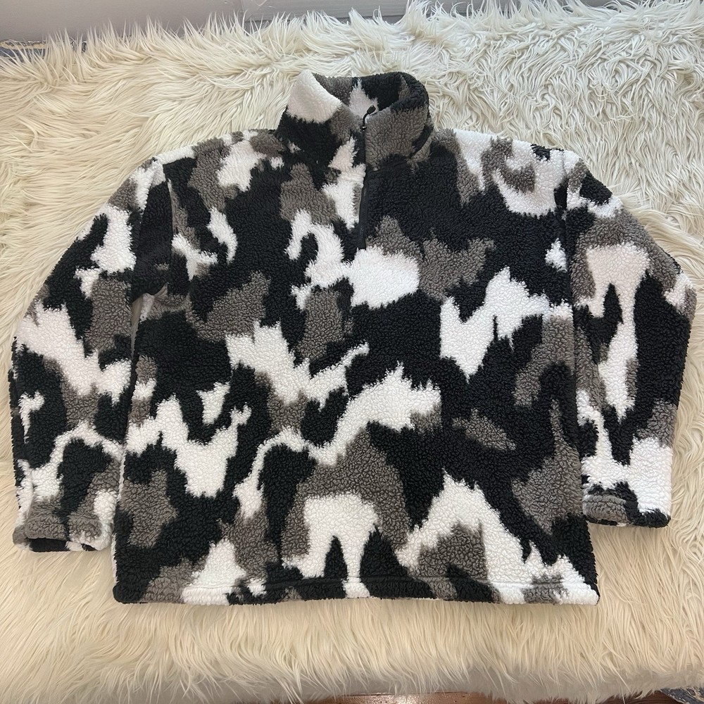 EDDIE BAUER 1/4 Sherpa Pullover Fleece Sweatshirt Cow Camo Outdoor Women’s L