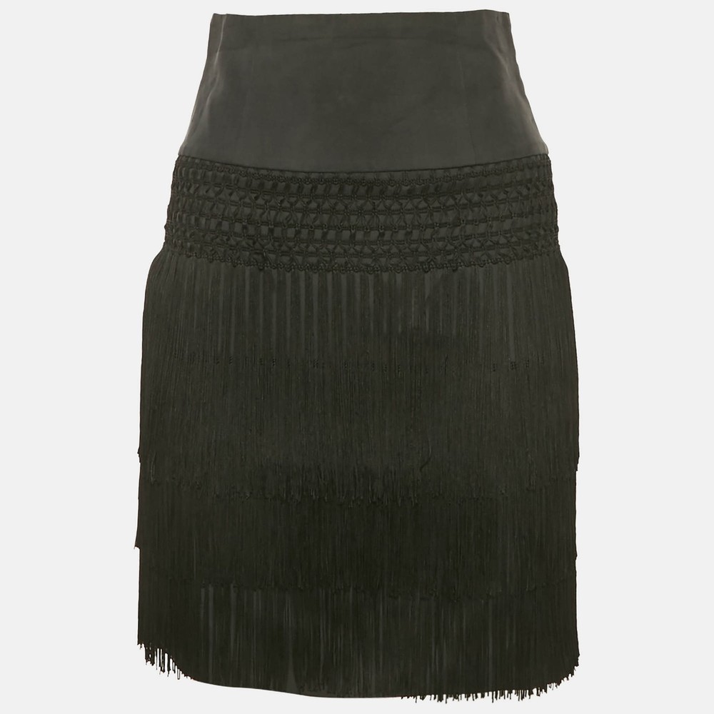 Emporio Armani Black Silk Blend Fringed Mini Skirt S