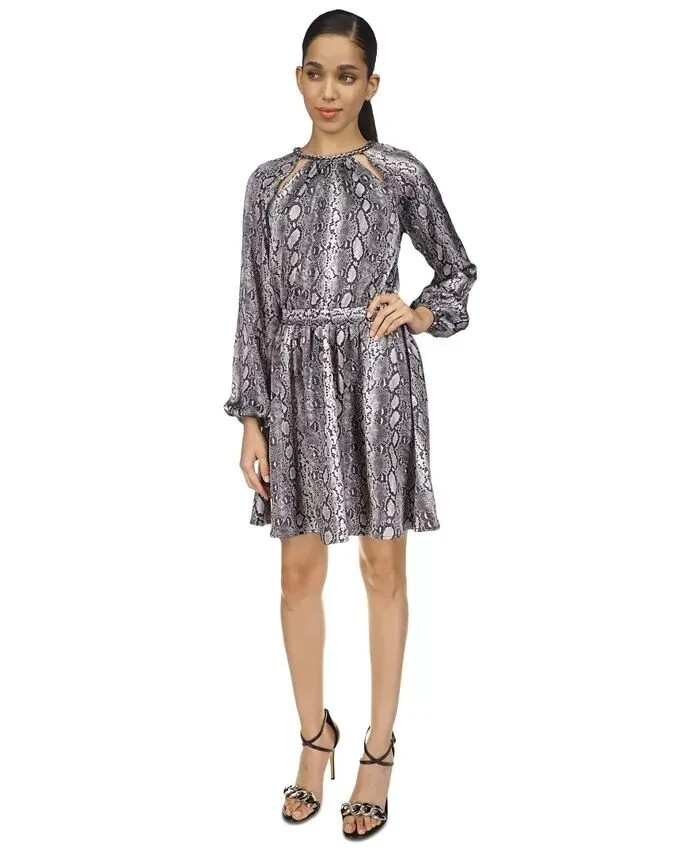 Michael Kors Women's Snakeskin-Print Chain-Neck Dress, Black, Size S