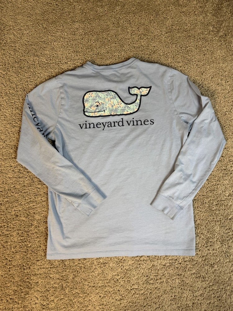 Vineyard Vines Shirt Boys L Blue Hawaiian Long Sleeve Whale Graphic Pocket