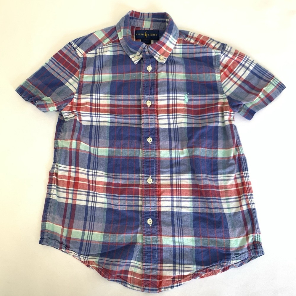 Ralph Lauren Shirt Boys 7 Blue Red Plaid Short Sleeve Button Down Patriotic Cute