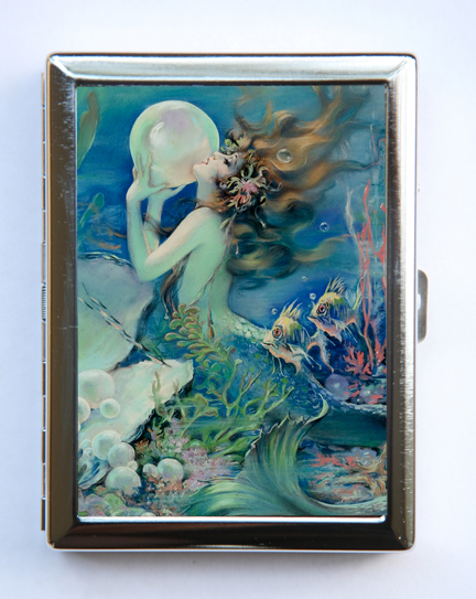 Mermaid holding a Pearl Cigarette Case Wallet Business Card Holder art nouveau