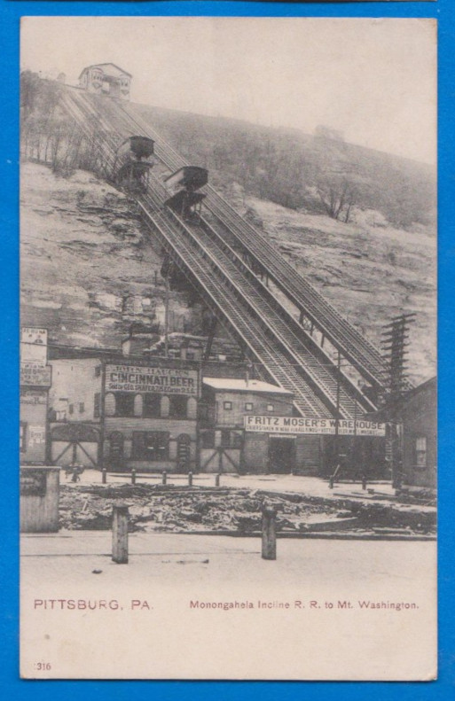 Pittsburgh Pa, Monongahela Incline, Mt. Washington, funicular tram, old postcard
