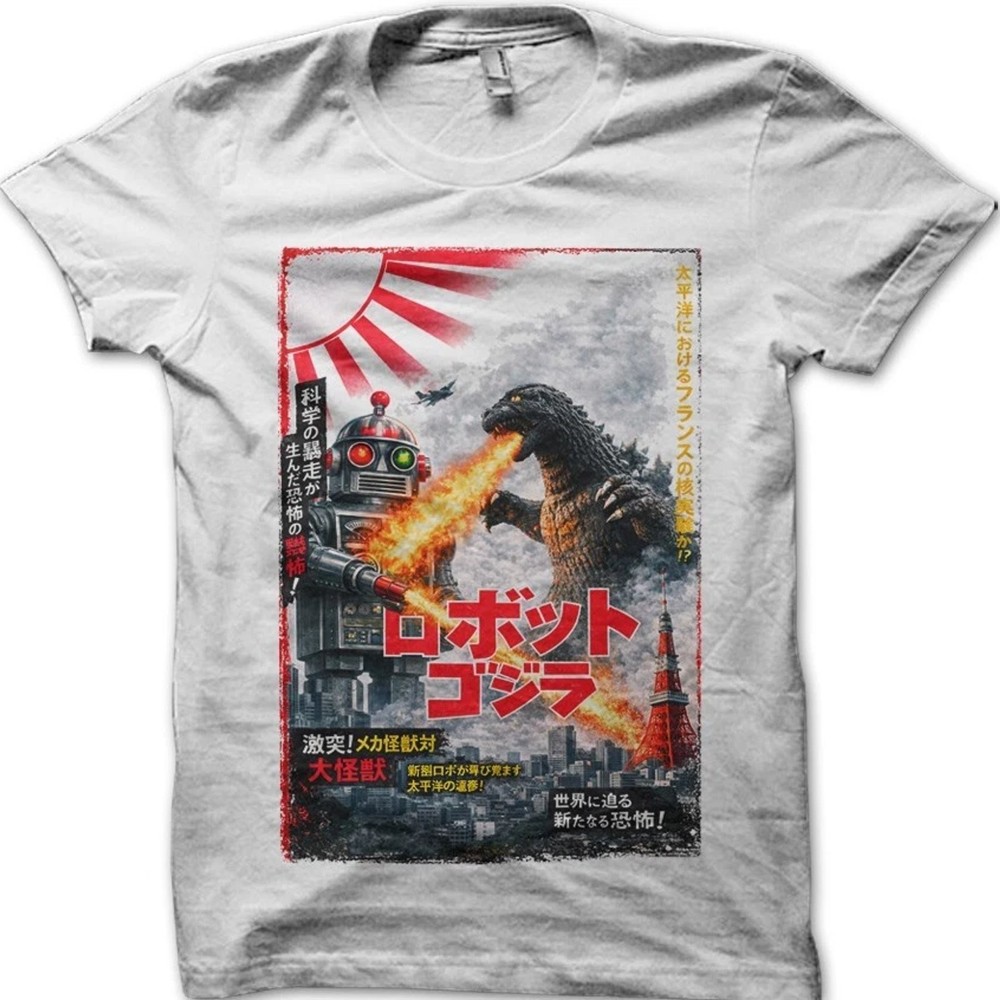 Retro Godzilla Kaiju Robot Battle T-Shirt Mens Sci-Fi Graphic Tee